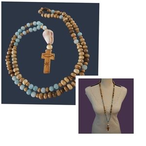 HANDMADE Jasper and Blue Quartz Beaded Shell Olive Wood Cross Prayer Rope